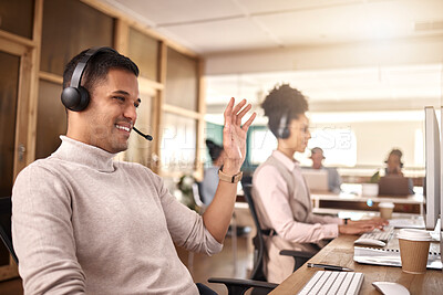 Buy stock photo Businessman, call center and meeting on computer in customer service, support or telemarketing at the office. Happy man, consultant or agent talking with smile, headphones or waving for online advice