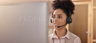 Buy stock photo Call center, woman and computer in office for sales and customer service mockup. Female agent or consultant in telemarketing, support or crm with headphones and pc banner for help desk communication