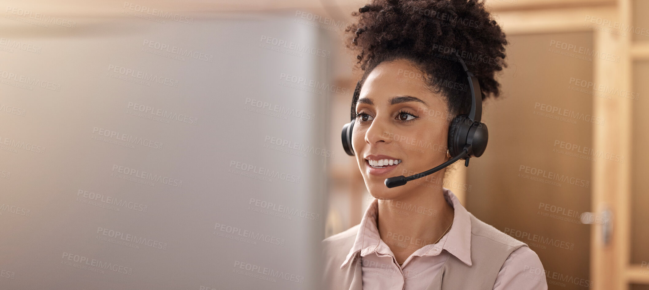 Buy stock photo Call center, woman and computer in office for sales and customer service mockup. Female agent or consultant in telemarketing, support or crm with headphones and pc banner for help desk communication