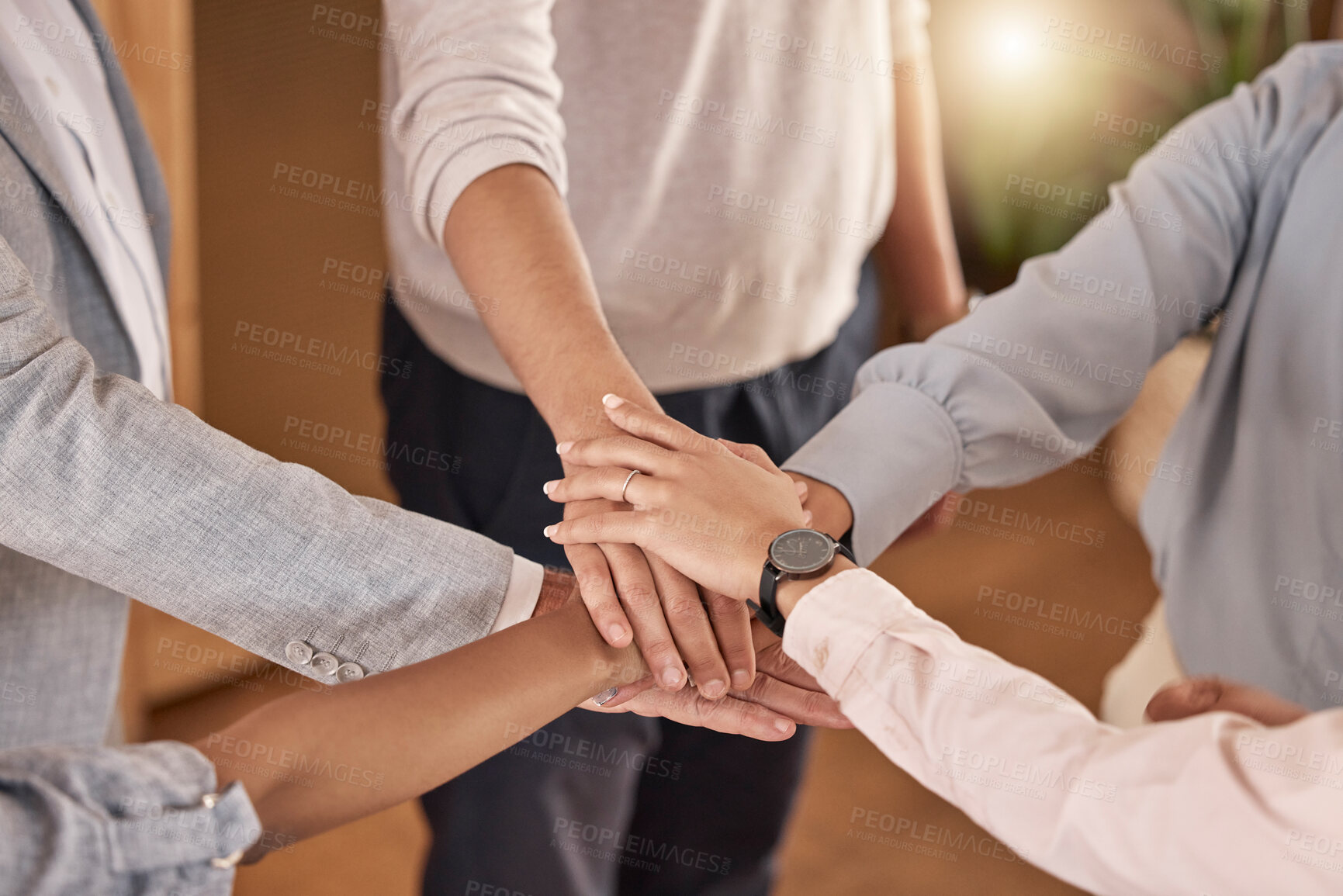 Buy stock photo Business people, hands and teamwork in collaboration for meeting, trust or unity and community at the office. Hand of group piling hand together for celebration, success or company goals at workplace