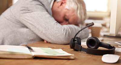 Buy stock photo Call center, sleeping and tired man by headset in office with burnout of sales and customer service. Mature agent or consultant in telemarketing, support and crm with mental health or fatigue problem