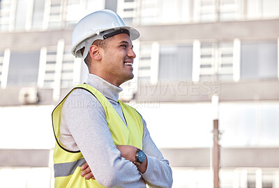 Buy stock photo Construction worker, vision or arms crossed and a man architect standing on a building site with vision. Engineering, happy and smile with a male contractor working in the architecture industry