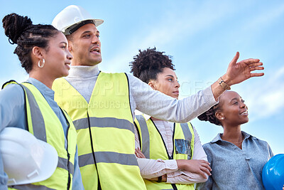 Buy stock photo Architect, team and leadership in construction for planning, collaboration or brainstorming ideas on site. Group of contractor people in teamwork inspection, development or diversity in architecture