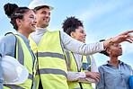 Architecture, construction and happy team in the city, pointing and looking together. Smile, teamwork and group of architects admiring their work in a town, laughing and talking about a site