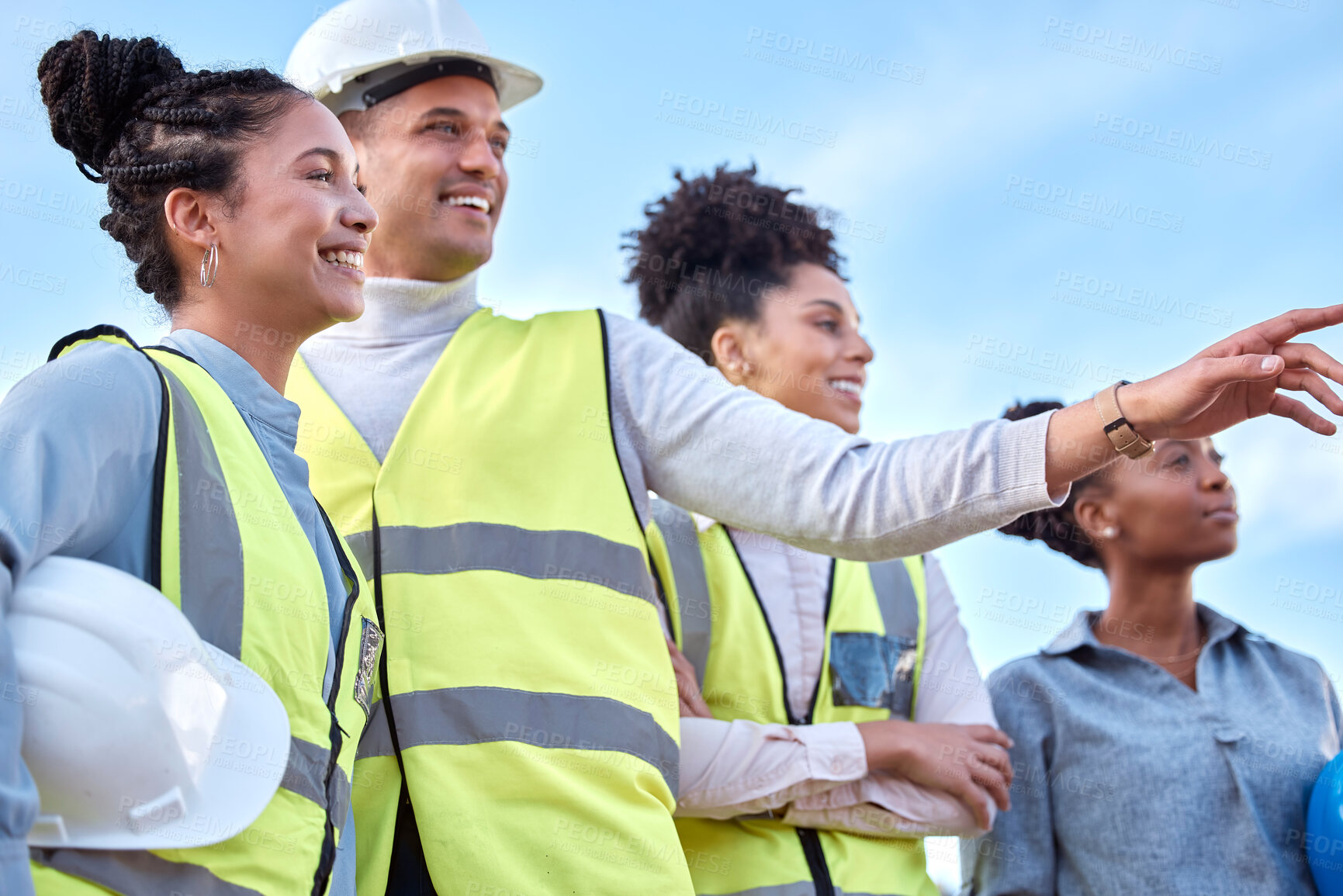 Buy stock photo Architecture, construction and happy team in the city, pointing and looking together. Smile, teamwork and group of architects admiring their work in a town, laughing and talking about a site