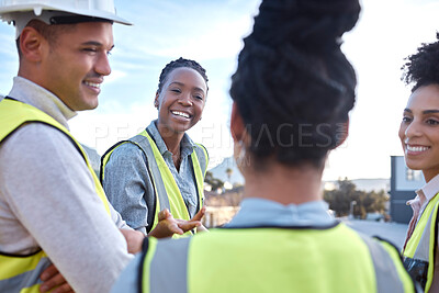 Buy stock photo Happy architect, team and meeting in construction collaboration for planning or brainstorming together on site. Group of contractor people in discussion, development or speaking for architecture plan