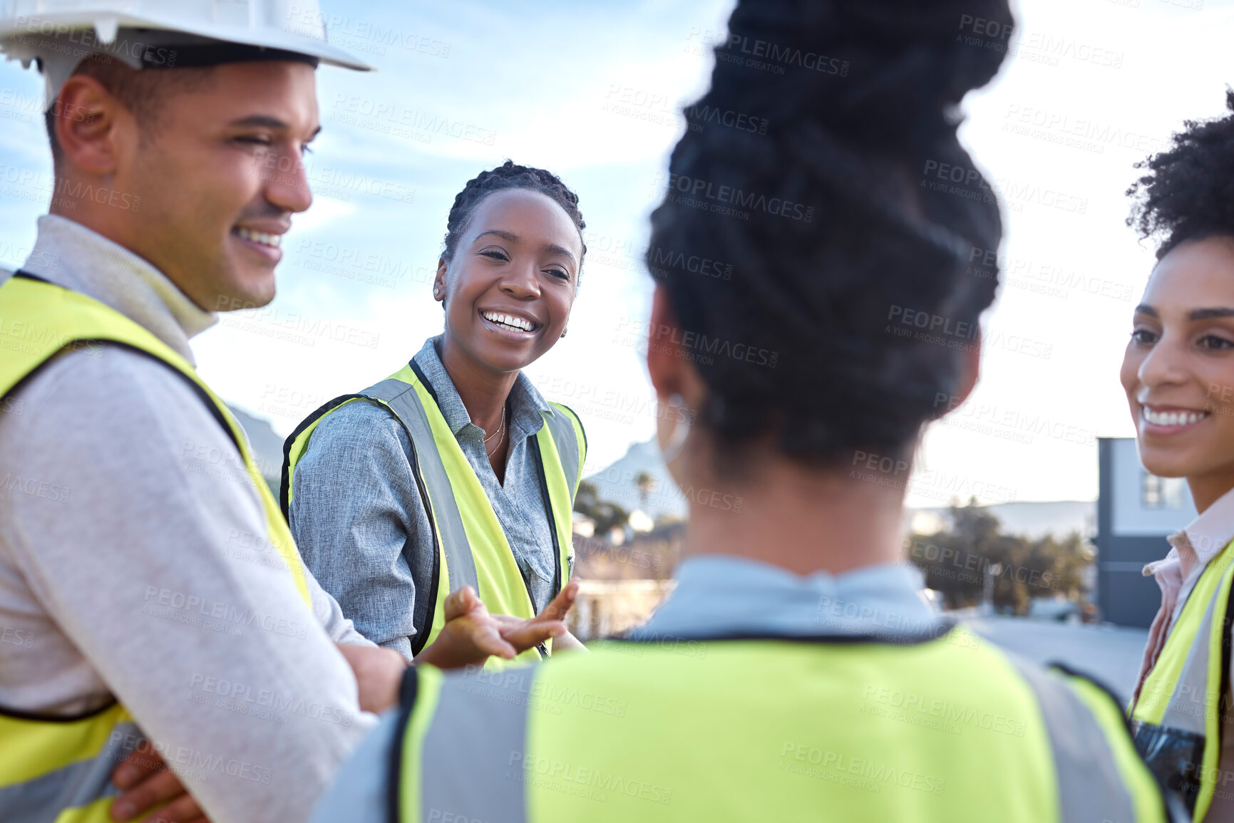 Buy stock photo Happy architect, team and meeting in construction collaboration for planning or brainstorming together on site. Group of contractor people in discussion, development or speaking for architecture plan