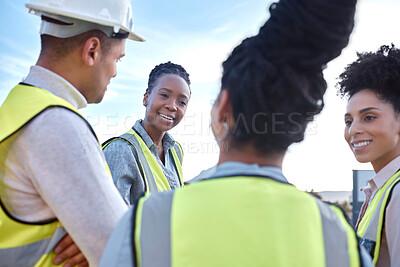 Buy stock photo Architect, team and meeting in construction for planning, collaboration or brainstorming together on site. Group of contractor people in teamwork discussion, development or strategy for architecture