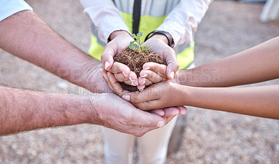 Buy stock photo Plants, group and people hands for outdoor gardening, agriculture and business growth collaboration in teamwork. Palm, sapling soil and women and man with sustainable, agro and climate change project