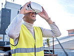 Happy man, architect and VR with smile in city for construction, simulation or digital layout on site. Male contractor, engineer or builder smiling in virtual reality, building or architecture plan