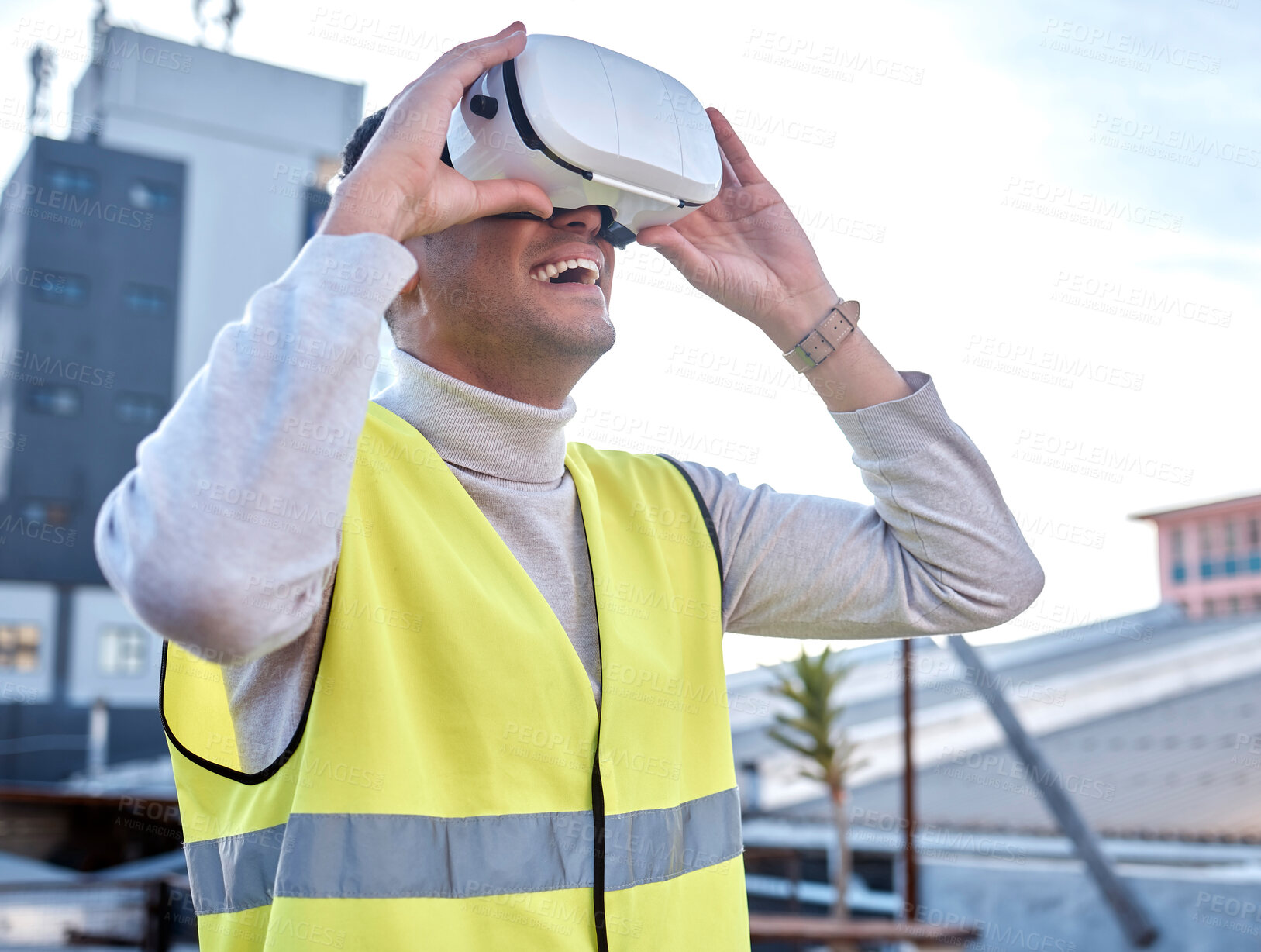 Buy stock photo Happy man, architect or VR building with smile in city for construction, simulation or digital layout on site. Male contractor, engineer or builder excited for virtual reality or 3d architecture plan