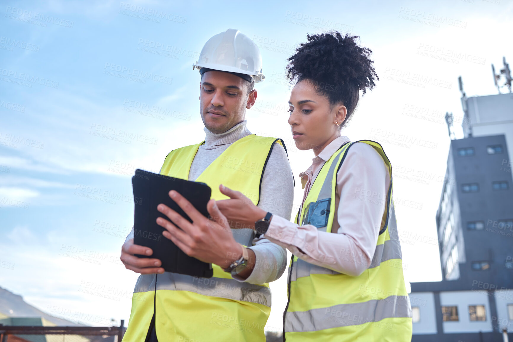 Buy stock photo Architect, tablet and construction in planning, idea or collaboration for project plan in the city on site. Man and woman contractor working together on technology for architecture ideas or building