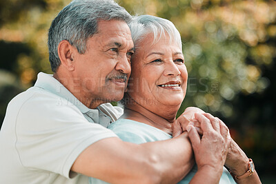 Buy stock photo Love, retirement and an old couple hugging outdoor while thinking about memories in the garden together. Nature, peace or marriage with a senior man and woman bonding in a park in the countryside