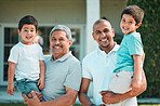 Dad, grandpa and children outdoor for portrait in backyard of house with a smile, love and care. Man, senior and boy kids family together for security and quality time with happiness and support
