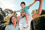 Mother, father and child portrait outdoor as family at nature park with a smile, love and care. Man, woman and boy kid with parents together for security, playing and quality time with happiness