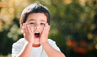 Buy stock photo Portrait, surprise and boy in a park with happiness and wow face on summer holiday. Shocked, comic and emoji facial expression of a young buy with bokeh and mockup in nature with youth and joy