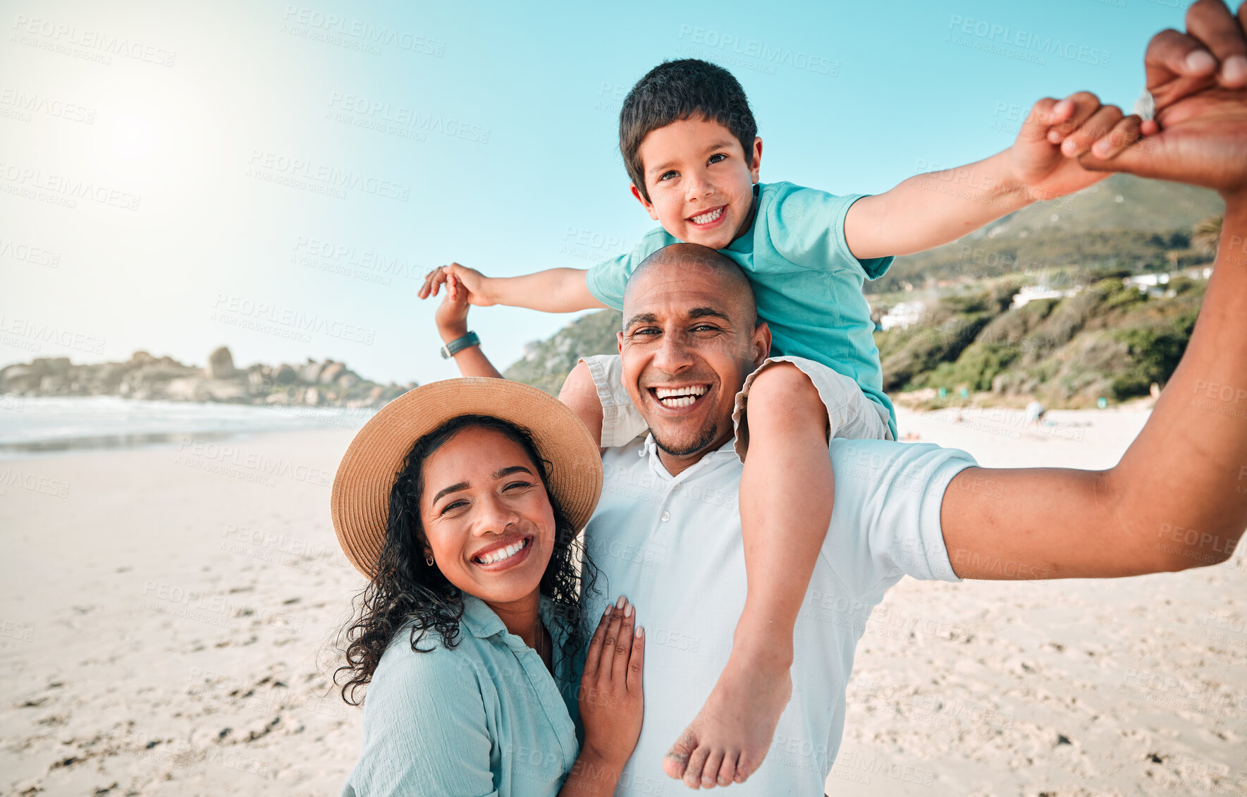 Buy stock photo Family, happy and portrait at beach for summer with child, mother and father for fun. Man, woman and boy kid smile for happiness, play and freedom on a holiday with love, adventure and travel outdoor