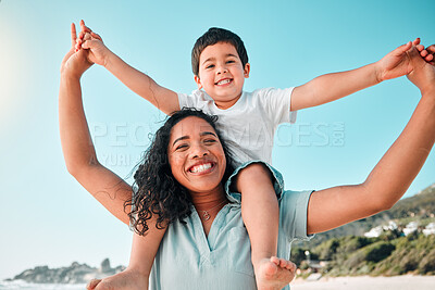 Buy stock photo Family, happy and portrait at beach for summer with child and mother holding hands for fun. Happy woman and boy kid playing for happiness, freedom and adventure on a travel holiday with love outdoor