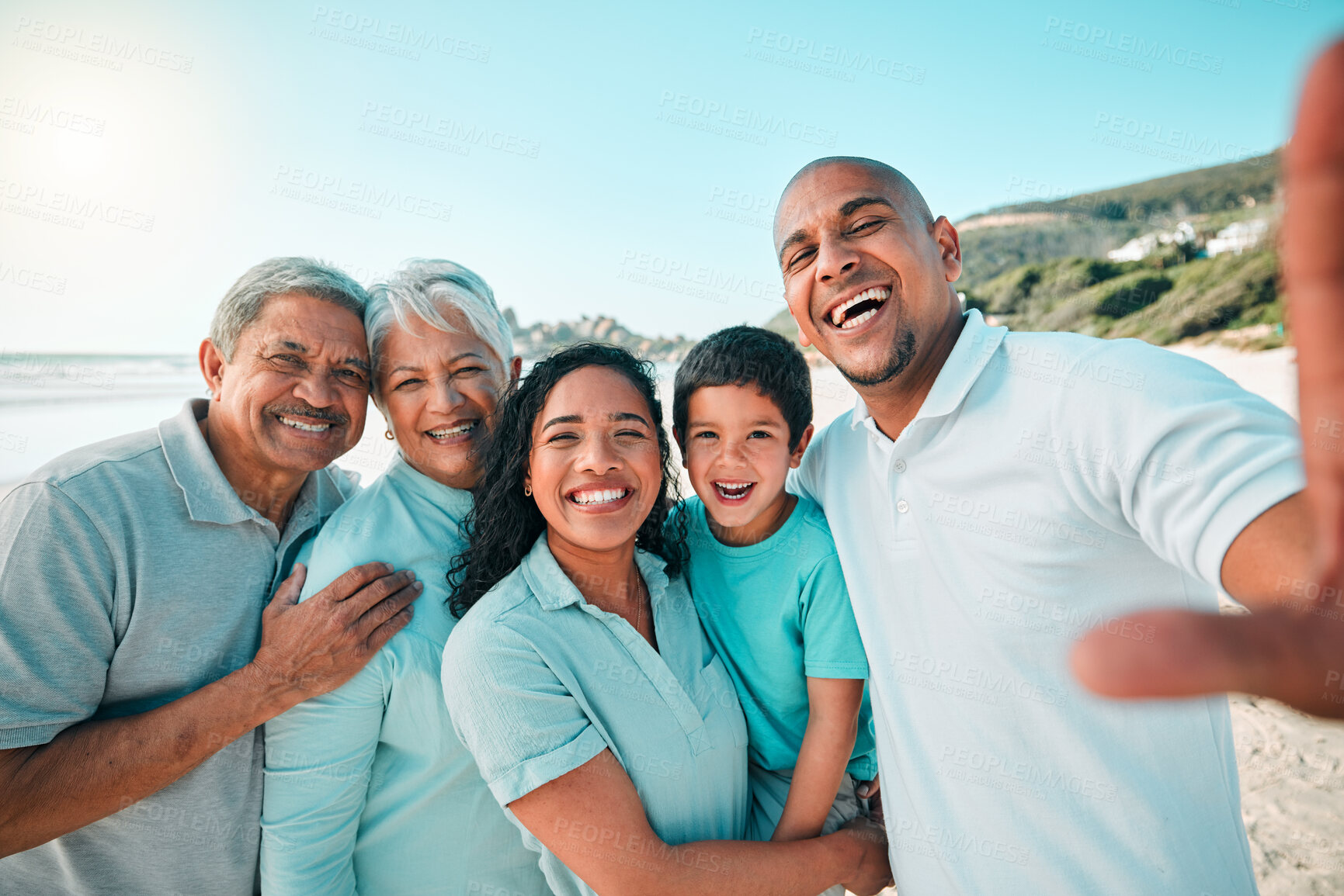 Buy stock photo Family, outdoor and beach selfie on summer vacation with child, parents and grandparents. Men, women and boy kid portrait together in nature for travel, adventure and holiday with love and care 