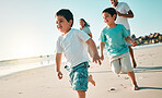 Happy, family and boys on a beach, running and summer vacation for bonding, loving and quality time. Run, mother and father with male children, kids and fitness on seaside holiday, happiness and joy