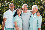 Family, love or portrait with an old couple, daughter and son in law bonding outdoor in the garden together. Happy, smile or bonding with a man and woman at their senior parents for a visit in summer