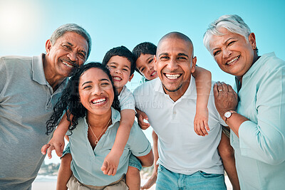 Buy stock photo Family, happy and portrait at beach for summer with children, parents and grandparents for fun. Happy men, women and boy kids playing for happiness on a holiday with love, care and support outdoor