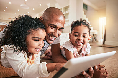 Buy stock photo Happy family father, tablet and children elearning, doing kindergarten homework or remote home school. Education, learning software and young kid studying on floor for youth development lesson