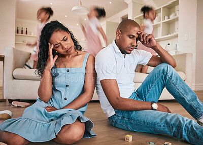 Buy stock photo Stress, tired or playing child with parents sitting on floor in their home living room. Exhausted, motion blur and frustrated family with headache from with their young kid with adhd running in house