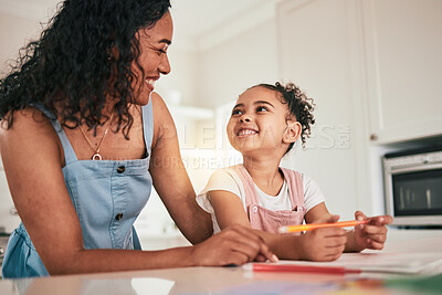 Buy stock photo Home school, education and mother and child happy in a kitchen for homework, writing and studying in their home. Remote, learning and girl with mom smile, bond and excited for educational activity