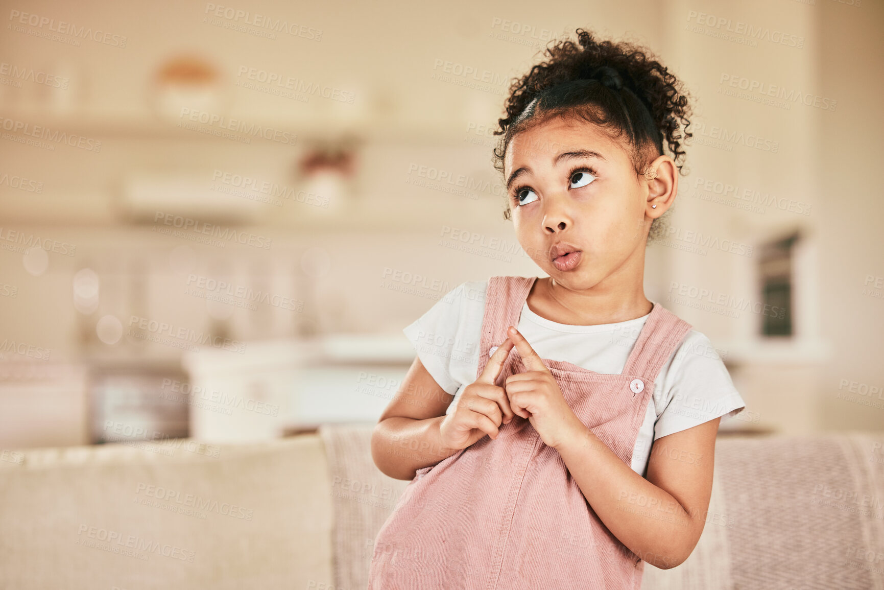 Buy stock photo Thinking face, child and ideas in home on a living room couch and wondering with mockup. Young, lounge sofa and cute, curious girl in a relaxed house or indoor with youth idea and planning expression