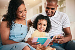 Family, happy and child reading story book, cartoon comic books and bonding with mother, father or parents at home. Love, storytelling or youth kid listening to literature for home education learning