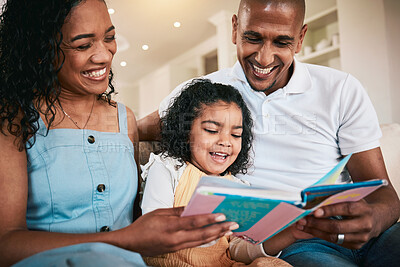 Buy stock photo Happy family, laugh or child reading story book, funny cartoon comic and home bonding with mother, father or parents. Love, smile or young kid listening to comedy storytelling for youth entertainment