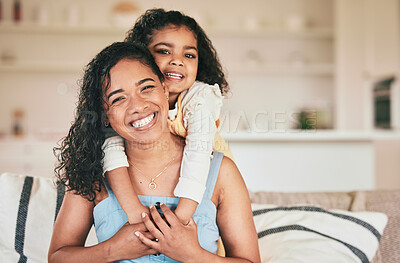 Home portrait, mother and kid hug mom, mama or parents for Mothers Day time together on vacation holiday in Colombia. Happy family portrait, youth embrace and child care from woman with daughter