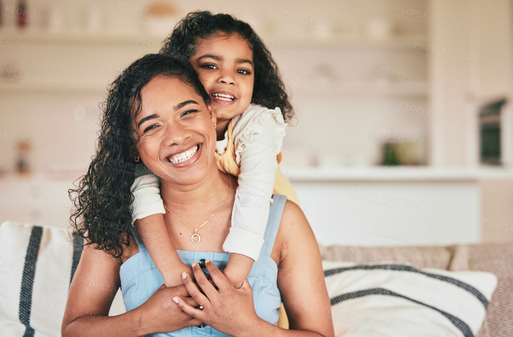 Buy stock photo Home portrait, mother and kid hugging mom, mama or parents in Mothers Day time together or vacation holiday in Colombia. Happy family smile, youth embrace or child care from woman with relax daughter