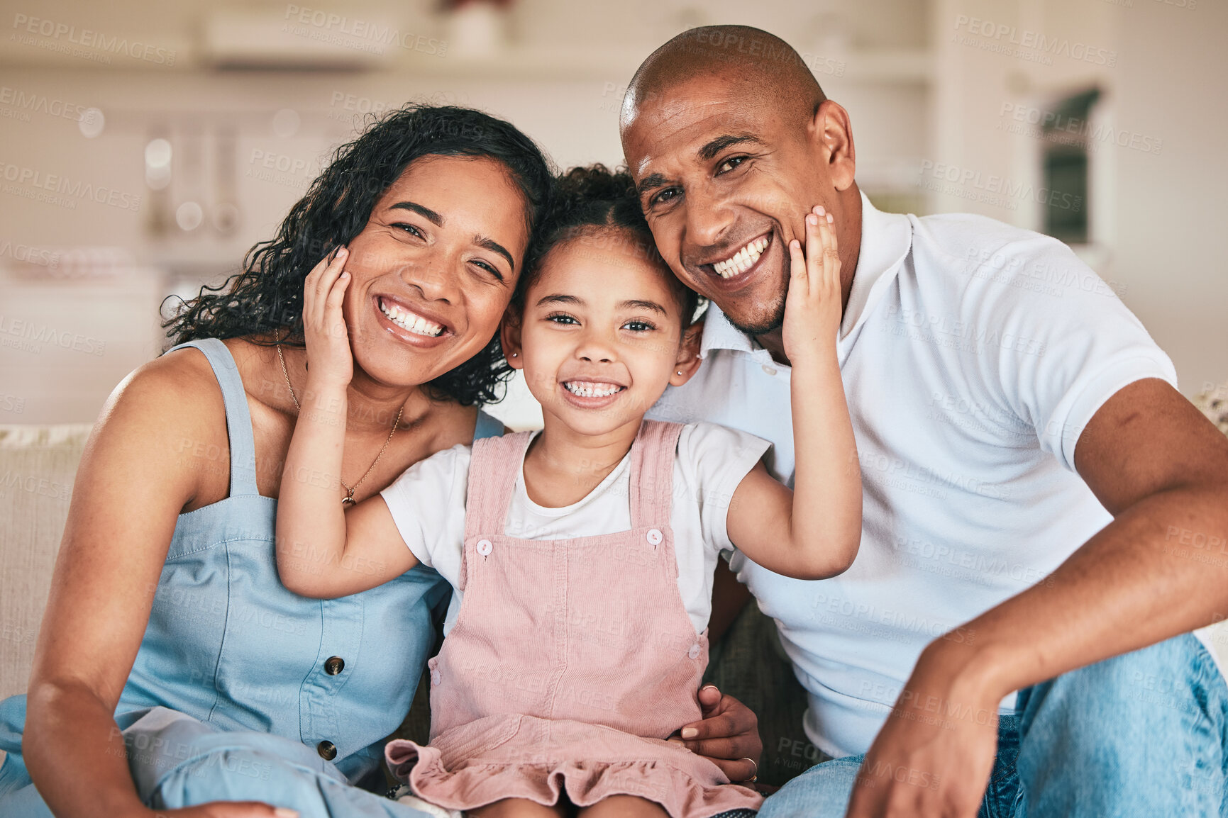 Buy stock photo Family in portrait, parents and happy child relaxing at home in support, love or bonding together on sofa. Happiness, people or living room with relationship and spending quality time at the weekend