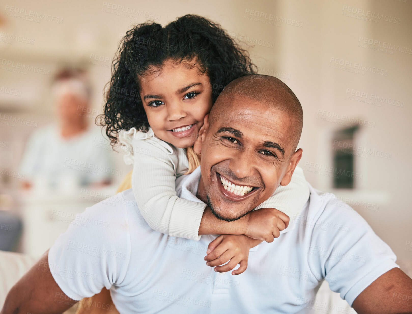 Buy stock photo Home portrait, father and kid hug dad, papa or parents for fathers day time together on vacation holiday in Indonesia. Happy family portrait, youth support and child care from man with daughter