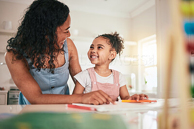 Buy stock photo Education, home school and mother and child happy in a kitchen for homework, writing and studying together. Remote, learning and girl with mom smile, bond and excited for fun educational activity