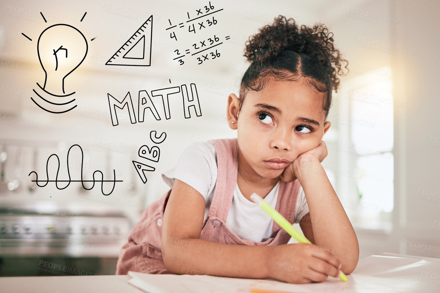 Buy stock photo Math homework, education or child thinking of mathematics solution, problem or remote home school. Learning difficulty, ADHD and bored kid contemplating equation numbers for youth development project