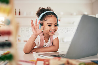 Buy stock photo Laptop, video call communication and happy child elearning, wave hello or talking in remote youth development lesson. Home school education, learning in study and young kid listening on online class