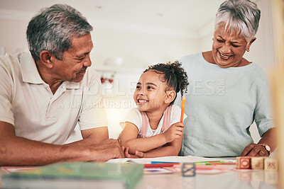 Buy stock photo Happy family grandparents, education and kid learning, doing kindergarten homework or remote home school. Creative study, knowledge and child studying in youth development lesson with senior people