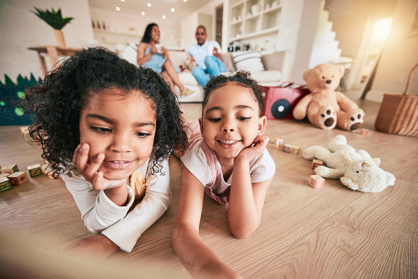 Buy stock photo Kids, sister and best friends on the living room floor together in their home for bonding while having fun. Children, family and smile with happy girls in their house for growth or development