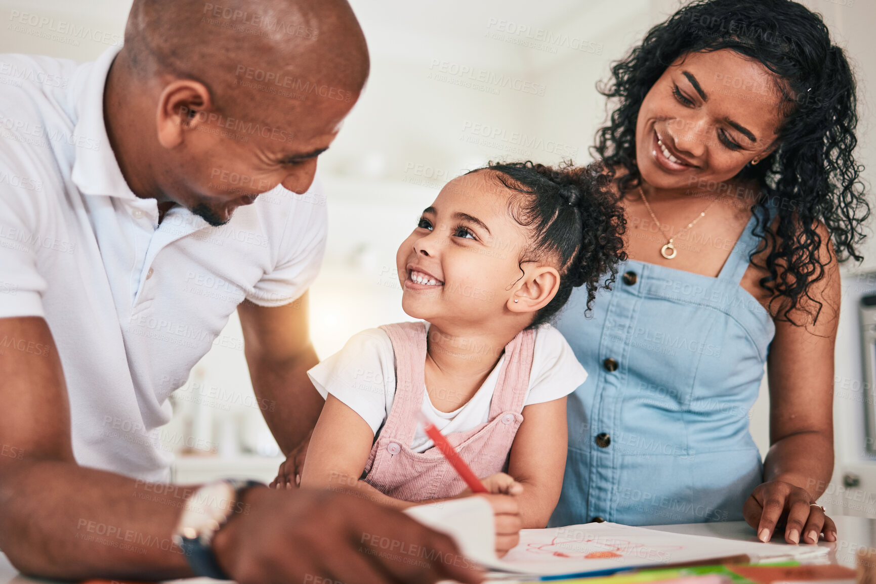 Buy stock photo Education, home school and happy family in a kitchen for homework, writing and studying with student. Remote, learning and girl with parents, bond and relax while enjoying a fun educational activity