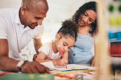 Buy stock photo Home school, education and happy family in a kitchen for homework, writing and studying together. Remote, learning and girl with parents, bond and relax while enjoying a fun educational activity