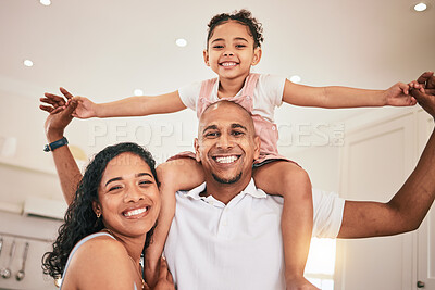 Buy stock photo Love, home portrait and happy family fun, playing and spending time together for weekend bonding. Happiness, youth support and child care from mother, father or parents with kids on shoulder smiling