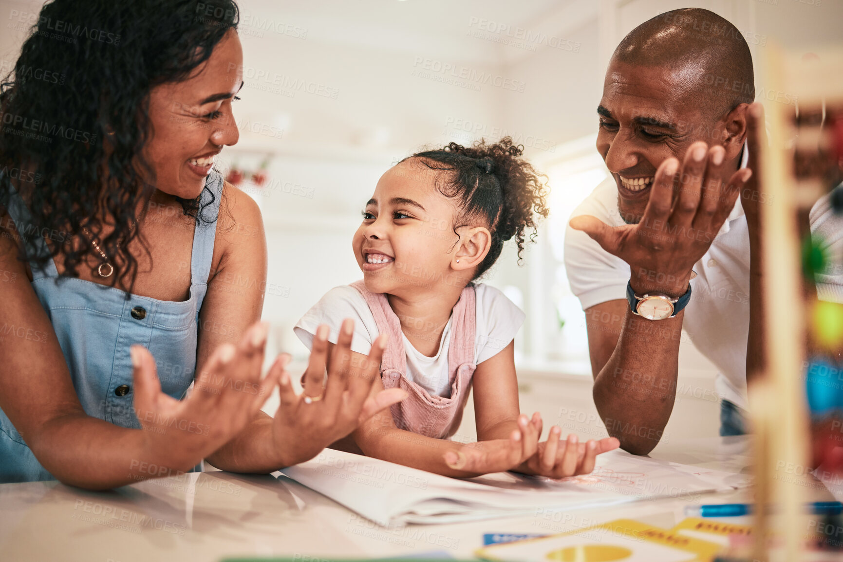 Buy stock photo Happy family, math or learning child counting, doing kindergarten homework or remote home school. Education, creative study or kid studying with support from mom, dad or parents for youth development