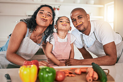 Buy stock photo Food, vegetables and portrait of girl with parents together for learning, child development and bonding in kitchen. Family, cooking and playful mom, dad and funny kid prep for meal, lunch or dinner