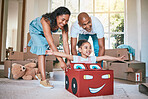 Family, mother and father playing, girl and bonding in living room, happiness and quality time. Love, mama and dad with female child, kid and daughter in lounge, fun and cheerful together to relax