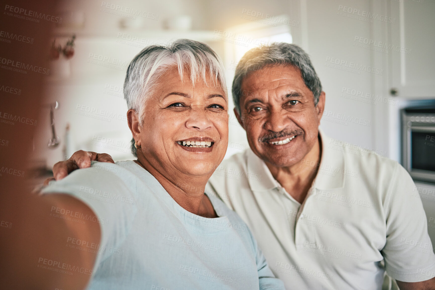 Buy stock photo Happy, smile and elderly couple portrait for selfie, photo or profile picture in their home together. Pose, old people and face of retired seniors having fun, cheerful and excited for video call 