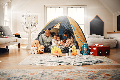 Buy stock photo Love, home camping and happy family bonding, relax and enjoy time together having fun in living room. Happiness, tent and youth children playing with mother, father or parents in house adventure