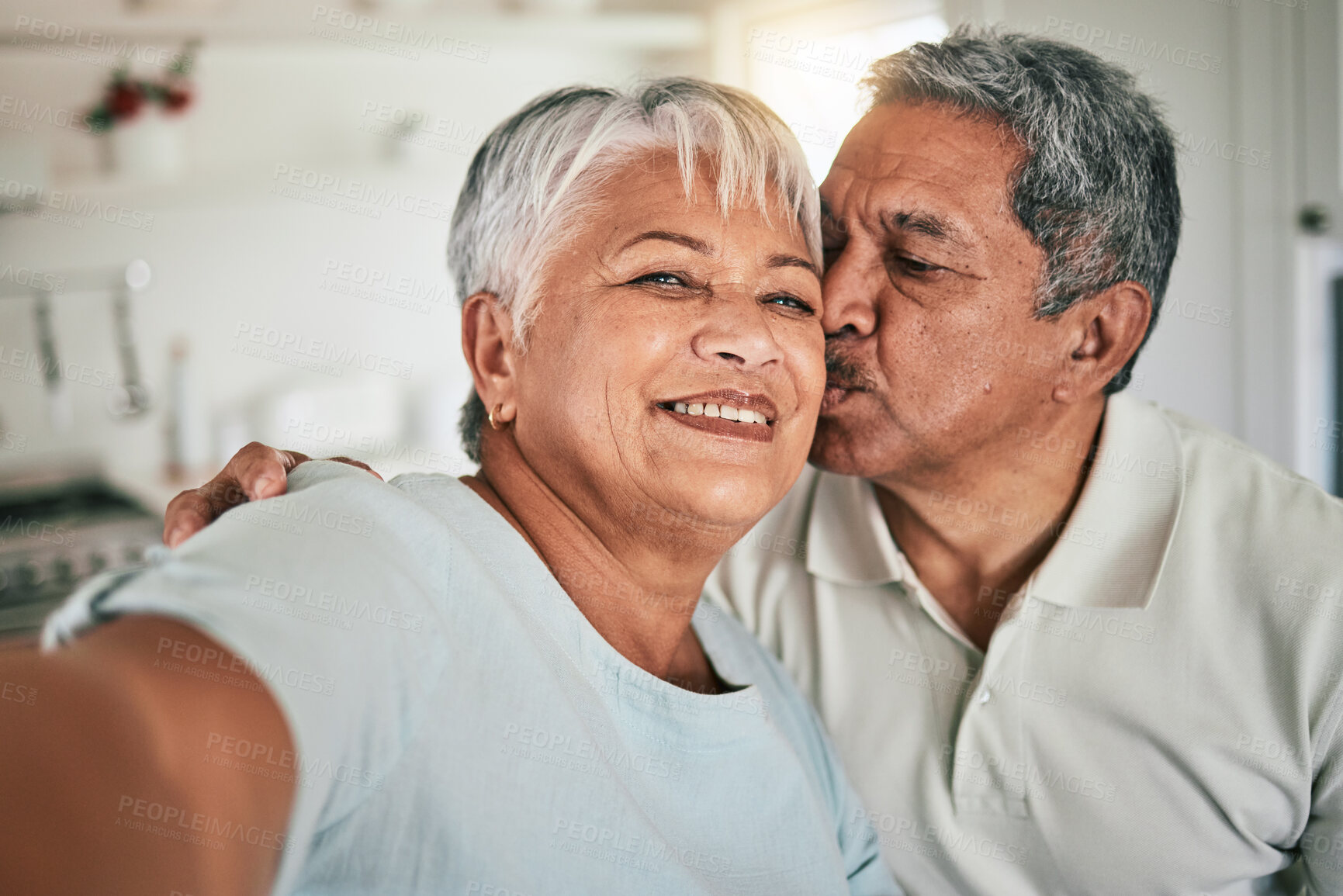 Buy stock photo Selfie portrait, kiss and senior happy couple love, home romance and bonding on memory photo. Romantic marriage partner, face and elderly man, old woman or people smile on retirement time together